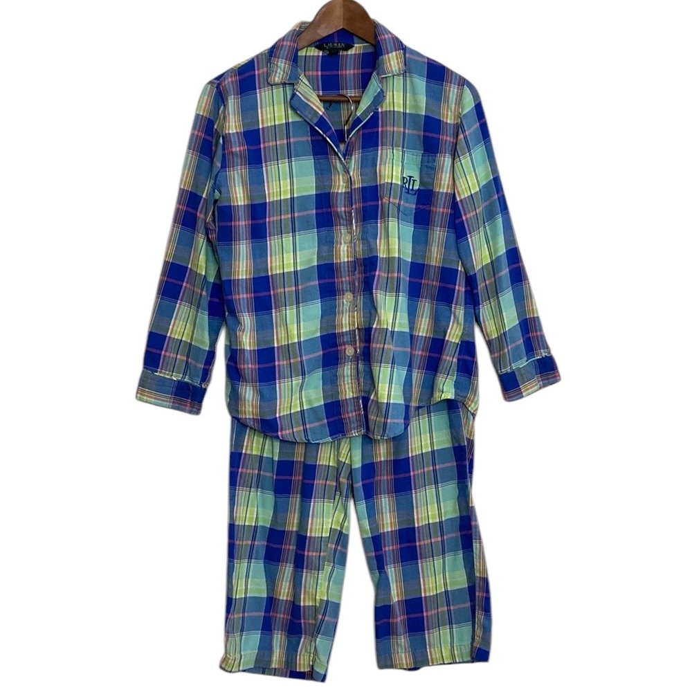 Lauren Ralph Lauren Pajamas Womens Small Blue Green Plaid Cotton 2 Piece PJ's
